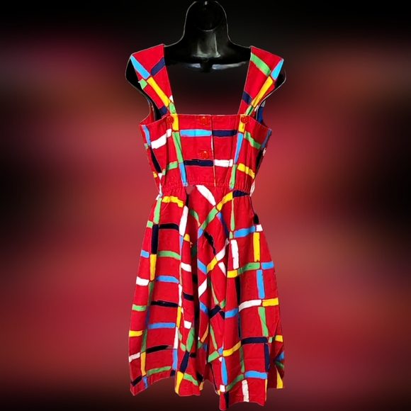 Vtg 80s HH Petites red multi color check print low back button swing dress 6/8P - Picture 6 of 17
